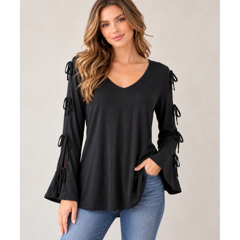 CUPIO Black Tie Sleeve V-Neck Bell Cuff Long Sleeve Top M Boho Chic